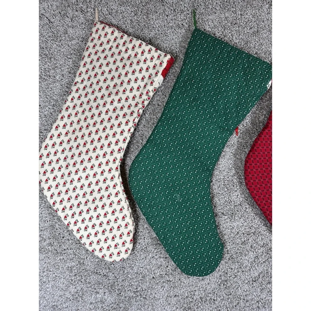 Vintage Handmade Quilted Christmas Stockings Lot of 4 Bells Lace Hearts‎